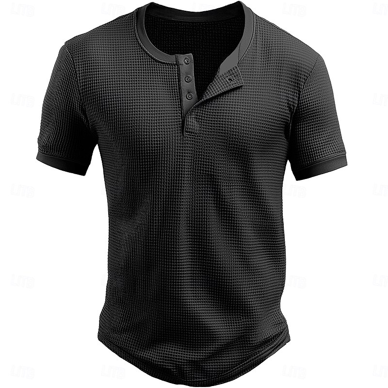 Men's Waffle Henley Shirt Tee Short Sleeve Solid Color Plain Textured Fashion Designer Casual Color Block Buttons Henley Outdoor Casual Daily Summer All Seasons Black Navy Blue Brown Henley T-Shirt2