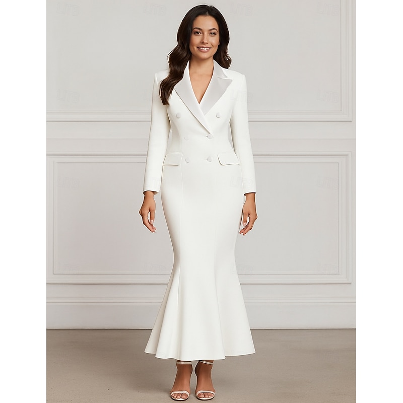 Tuxedo Dress Mermaid / Trumpet Mermaid Formal Stretch Crepe Elegant Long Sleeve Ankle Length Shirt Collar Double Breasted4