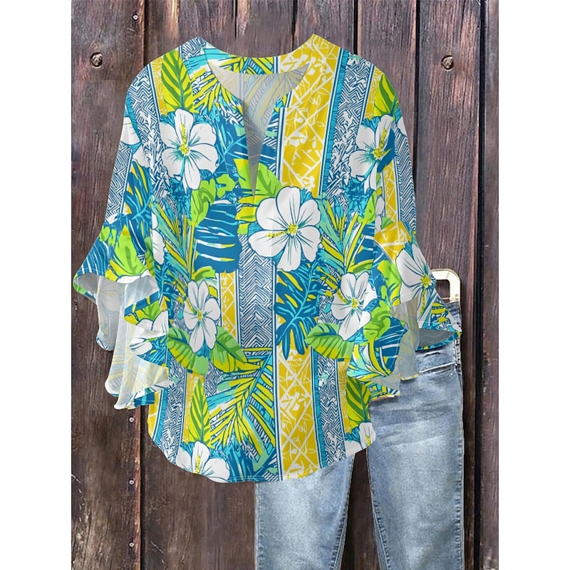 Women's Blouse Floral Stylish Modern 3/4 Length Sleeve V Neck Regular Tops Daily Holiday Ruffle Print Royal Blue Blue Green Summer