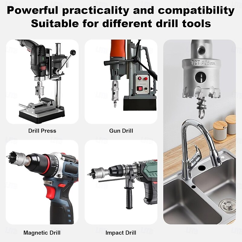 5pcs TCT Hole Saw Kit Tungsten Carbide Tipped Hole Saw Drill Bit with Titanium-Plated Pilot Drill bit for Metal, Stainless Steel, Iron, Wood, Plastic3