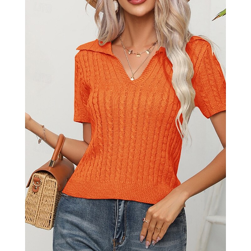 Women's Pullover Casual Solid Color Chunky V Neck Knitted Short Sleeves Regular Tops Knit Daily Holiday Going out Blue Orange Summer2