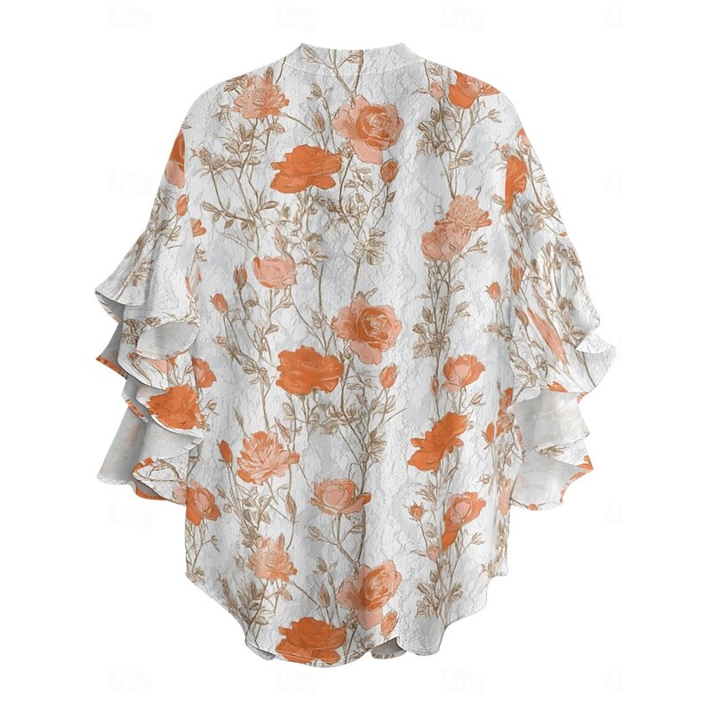 Women's Blouse Floral Stylish Modern 3/4 Length Sleeve V Neck Regular Tops Daily Holiday Ruffle Print Orange Khaki Apricot Summer4