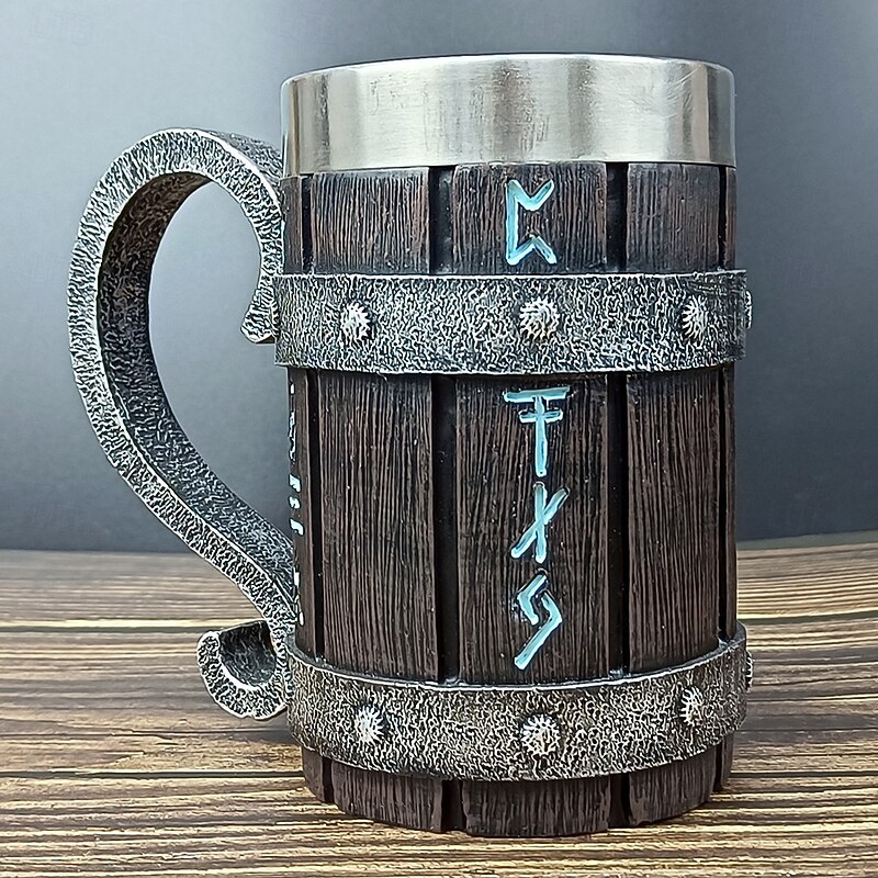 Vintage Wooden Barrel Beer Mug,Oktoberfest Gift Mug Large Resin Coffee Tankard with Stainless Steel Liner, Rustic Bamboo Style Stein for Bar, Pub, or Home Use4