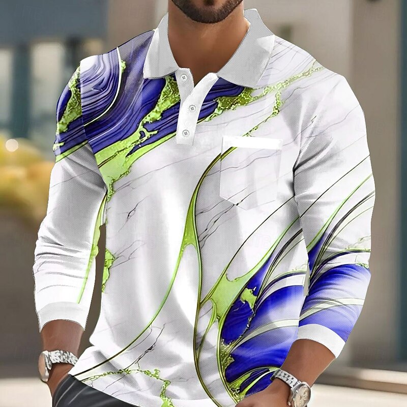 Men's Marble Polo Long Sleeve Polo Shirts Collared Shirts Casual Business Athleisure Daily Wear Pocket 3D Print Buttons Spring Fall Winter Red Blue Purple3