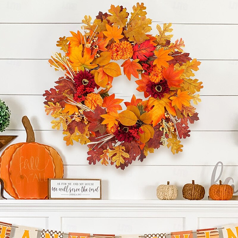 Fall Wreath for Front Door Thanksgiving Autumn Harvest Indoor Outdoor Decoration, Red Sunflower and Maple Leaf Grapevine Wreath Rustic Fall Door Hanging Prop