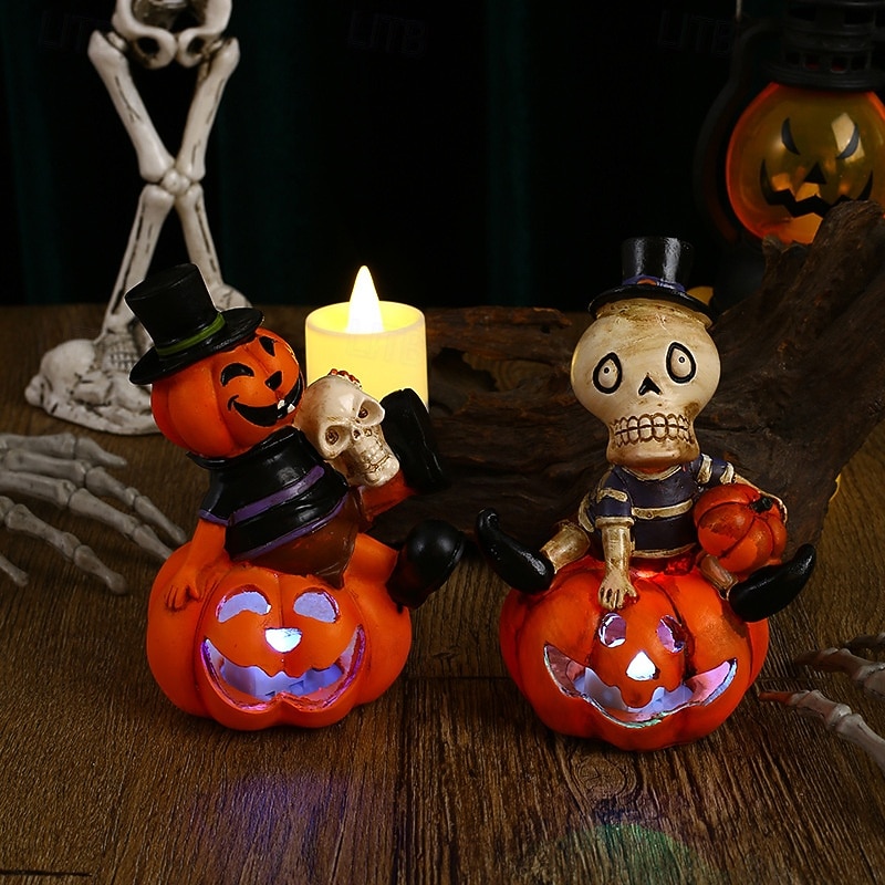Halloween Skull and Pumpkin Decoration, Colorful Flashing LED Jack-O'-Lantern and Skeleton Figurine, Spooky Halloween Party Prop for Indoor Outdoor Decor3