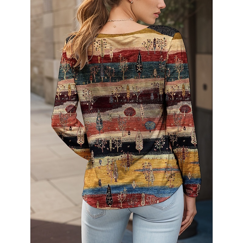 Women's T shirt Long Sleeve Crew Neck Long Sleeve Tunic Graphic Geometric Striped Elegant Vintage Round Neck Regular Tops Daily Going out Weekend Print Yellow Red Blue Purple Green Prefall3