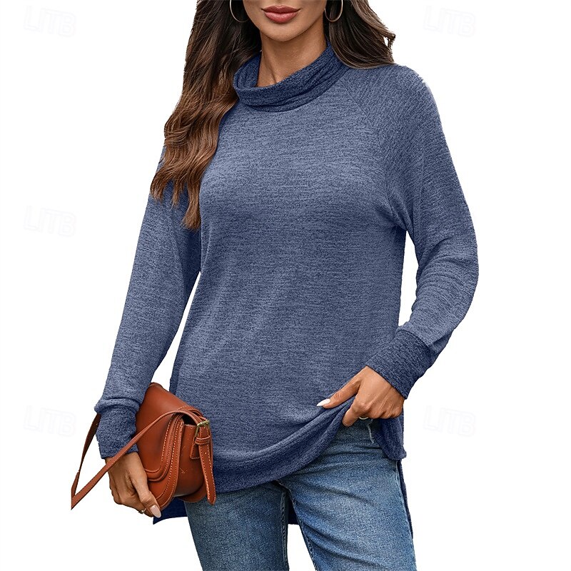 Women's T Shirt Color Block Casual Long Sleeve Turtleneck Regular Tops Daily Weekend Patchwork Black Army Green Navy Blue Blue Brown Fall3