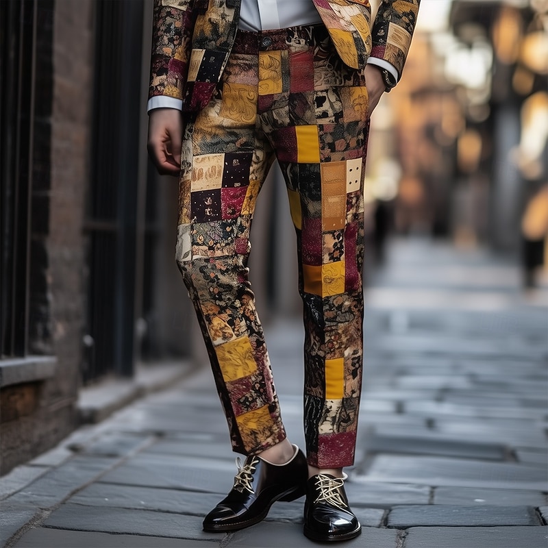 Men's Geometric Color Block Patchwork Dress Pants Trousers Suit Pants Mid Waist Vintage Retro Vacation Casual Regular Fit Flat-Front Straight Leg Pants with Pockets Summer Spring Fall 3D Print Yellow2