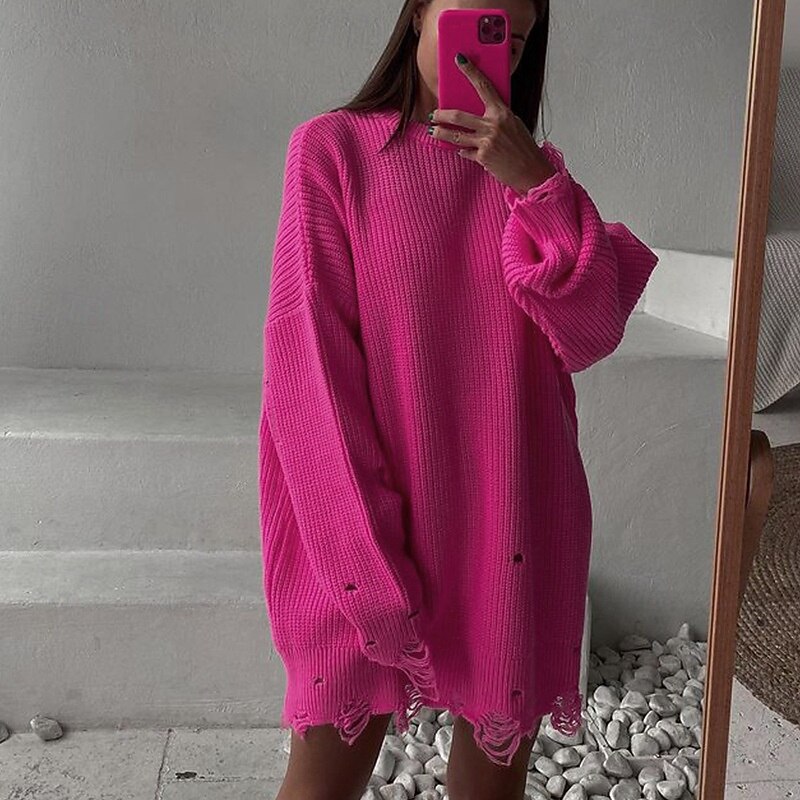 Women's Sweater Pullover Fashion Solid Color Ribbed Crew Neck Hollow Out Knitted Long Sleeve Long Tops Knit Outdoor Daily Holiday Black Fuchsia Fall4