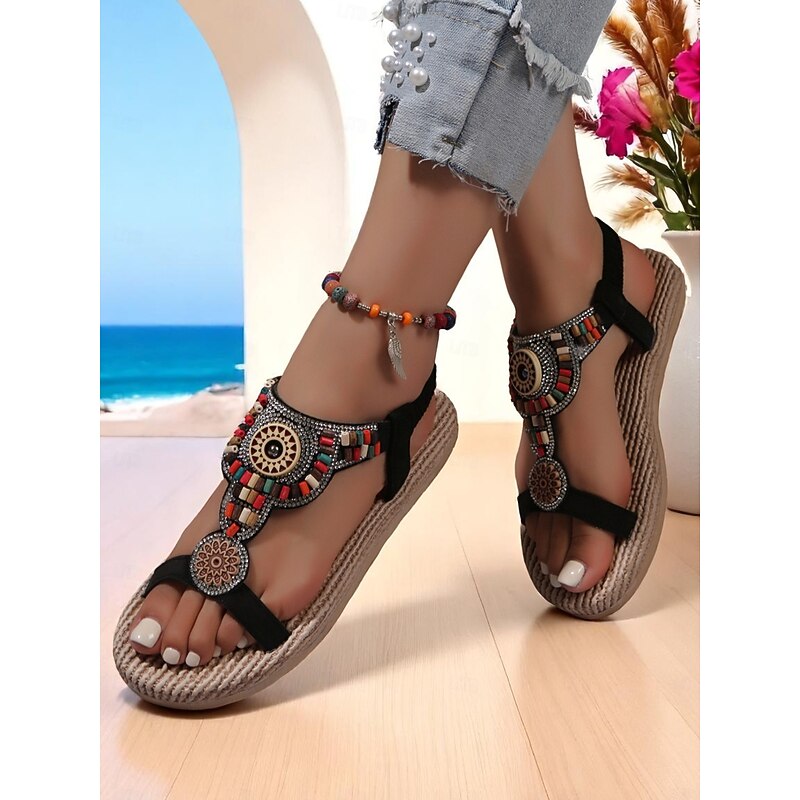Women's Bohemian Beaded Thong Sandals with Ethnic Embroidery – Comfortable Flat Summer Shoes for Beach, Travel, and Casual Outings3