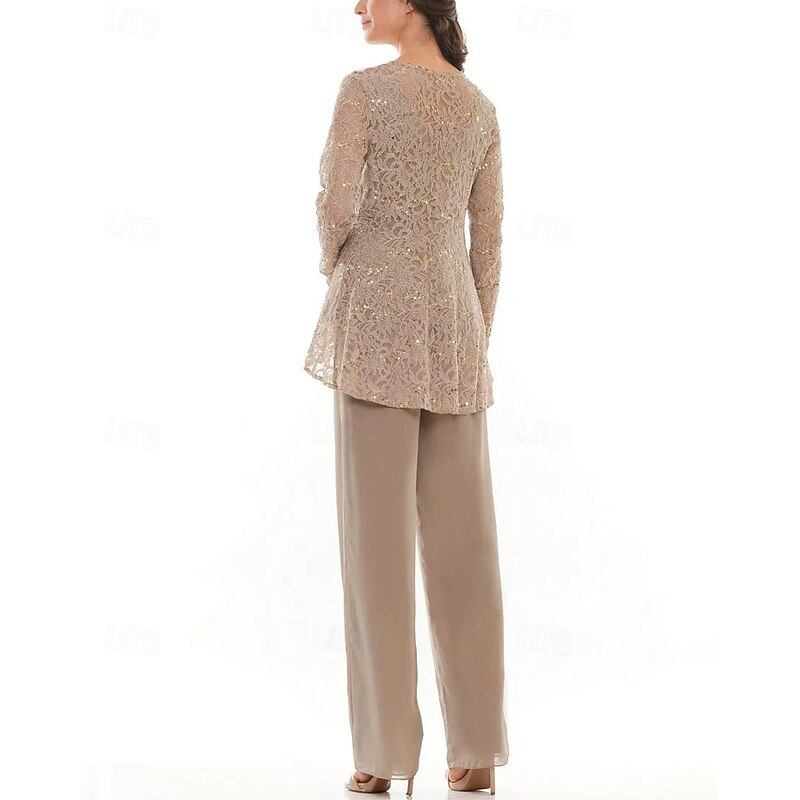 Pantsuit 3 Piece Mother of the Bride Dress Elegant Crew Neck Floor Length Chiffon Long Sleeve with Lace Ruffles2