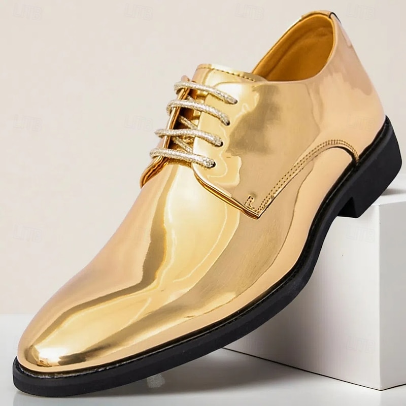 Gold Shiny Lace-Up Shoes for Men – Sleek Patent Leather Finish, Perfect for Weddings and Evening Formal Events