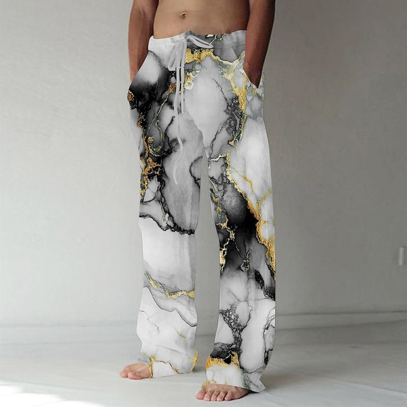 Men's Marble Abstract Art Trousers Baggy Pants Casual Pants Mid Waist Casual Vacation Holiday Beach Wear Drawstring Elastic Waist Wide Leg Summer Spring 3D Print Black Yellow Green3