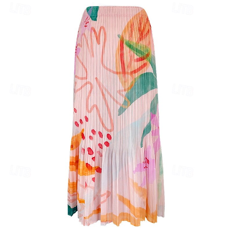 Women's A Line Elegant Bohemia Vintage Fashion Midi Mid Waist Skirts Ruched Stretchy School Vacation Pink Green Rose Red Summer Polyester2