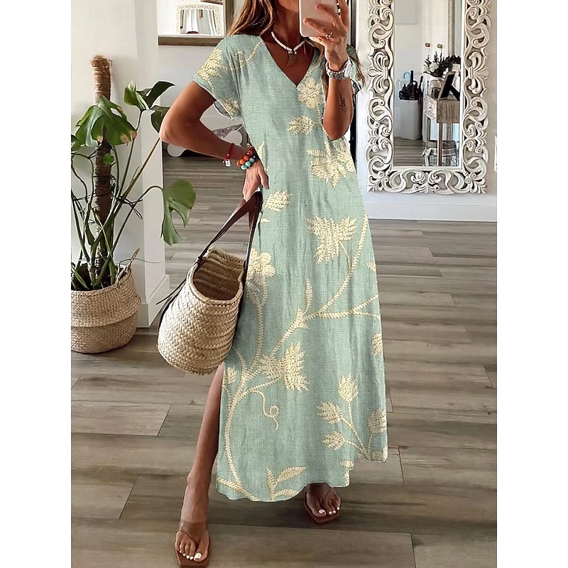 Women's Maxi Dress Casual Dress Sundress A Line Dress Elegant Vacation Casual Beach Regular Fit Floral Graphic Short Sleeve V Neck Light Green Gray Summer Spring