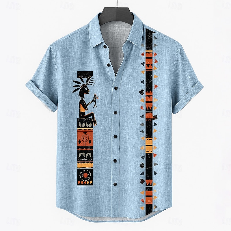 Men's Linen Shirt Summer Shirt Beach Wear Button Up Shirt Tribal Vacation Casual Blue Green Khaki Short Sleeve Turndown Summer Spring Clothing Apparel