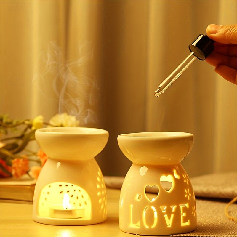 White Hollow Ceramic Aromatherapy Stove 1pc Easy to Clean Essential Oil Stove for Home Valentine's Day Party Tea Wax Heating Candle Holder4