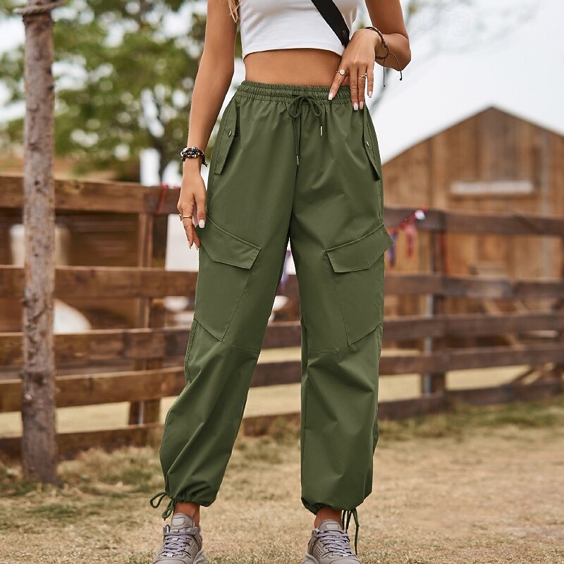 Women's Cargo Pants Slacks Streetwear Casual Full Length Natural Plain Pocket Elastic Drawstring Design Comfy Outdoor Comfortable Sports & Outdoor Street Holiday Black Army Green Khaki Summer Regular3