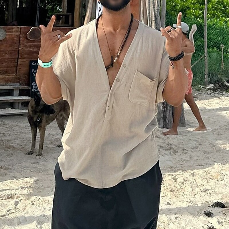 Men's Shirt Summer Shirt Casual Shirt Button Up Shirt Beige Short Sleeve Plain V Neck Vacation Hawaiian Pocket Clothing Apparel Polyester Fashion Casual Comfortable2