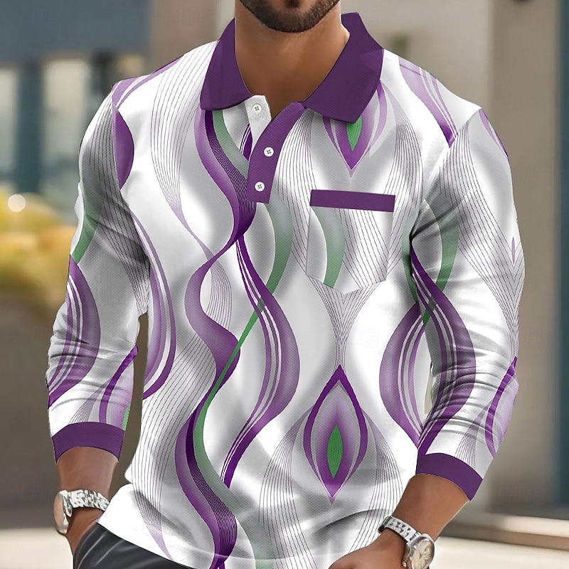 Men's Geometric Polo Long Sleeve Polo Shirts Collared Shirts Casual Business Casual Business Athleisure Daily Wear Buttons Pocket 3D Print Spring Fall Winter Blue Purple Green3