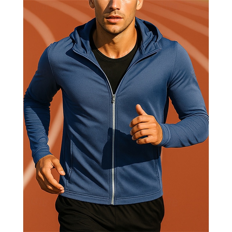 Men's Running Jacket Outdoor Jacket Full Zip Long Sleeve Outerwear Athletic Solid Colored Sun Protection Quick Dry Lightweight UV Cooling Tennis Golf Running Sportswear Activewear Navy Blue Light Blue
