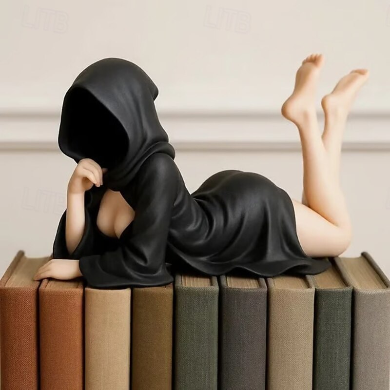 Mysterious Statue Hooded Gothic Shelf Decor,Resin Creepy Cute Woman Figurine Bookend, Dark Aesthetic Sculpture for Home, Office, Bookshelf, Halloween or Year-Round Display4