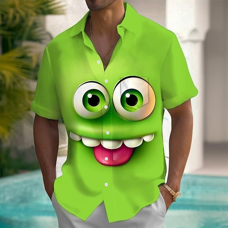 Men's Cartoon Funny Smile Face Shirt Summer Shirt Button Up Shirt Short Sleeve Fashion Casual Outdoor Vacation Holiday Summer Spring Turndown 3D Print Collared Shirts Front One Pocket Green