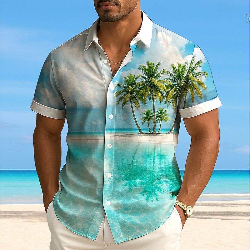 Men's Coconut Tree Nature & Landscapes Tropical Plants Summer Hawaiian Shirt Button Up Shirt Aloha Shirt Short Sleeve Hawaiian Vacation Beach Wear Summer Spring Turndown 3D Print Collared Shirts Blue