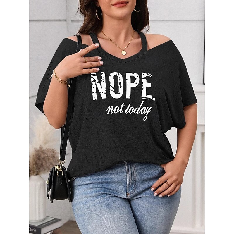 Women's Plus Size Tops T Shirt Graphic Letter Short Sleeve V Neck Casual Daily Polyester Summer Spring Black khaki2