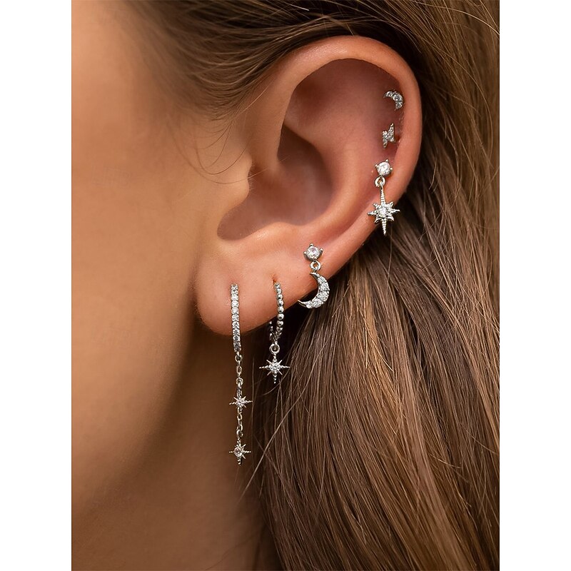 Women's Gold-Plated Star and Moon Mismatched Earring Set – Dainty Celestial Zircon Studs and Drop Earrings for Fashion Parties, Gifts and Everyday Wear2