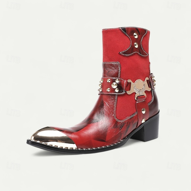 Men's Red Leather Ankle Boots with Gold Tip Decorative Metal Buckles and Studded Details–Bold Western Style Boots for Nightlife and Party Wear3