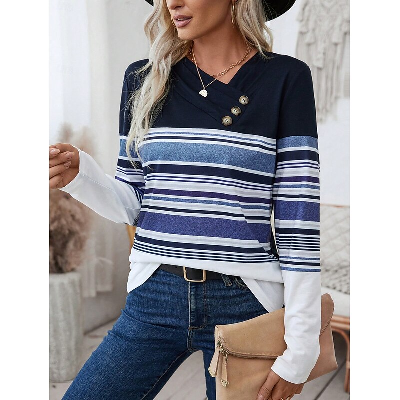 Women's T Shirt Graphic Striped Vintage Stylish Classic Long Sleeve Asymmetric Neck Regular Tops Daily Weekend Print Blue Summer3