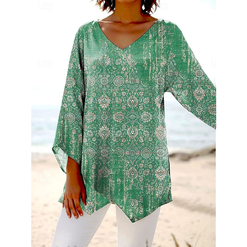 Women's Blouse Long Sleeve Asymmetrical Hem Graphic Paisley Hawaiian Stylish Casual 3/4 Length Sleeve V Neck Regular Tops Daily Holiday Going out Print Blue Purple Green Summer Spring Fall4