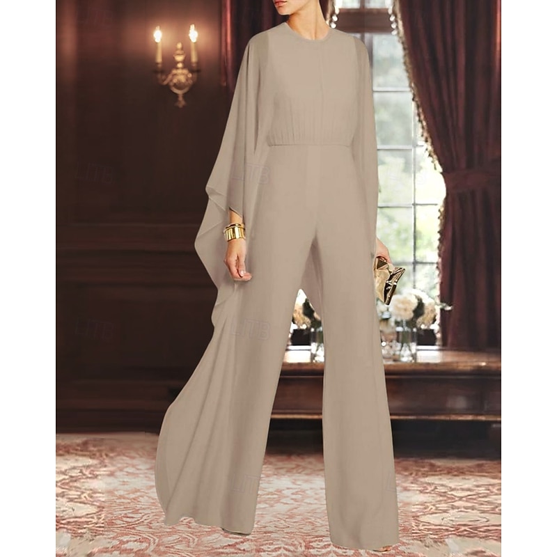 Cape Jumpsuit Mother of the Bride Dress Elegant Simple Minimalist Crew Neck Floor Length Chiffon 3/4 Length Sleeve with Ruched