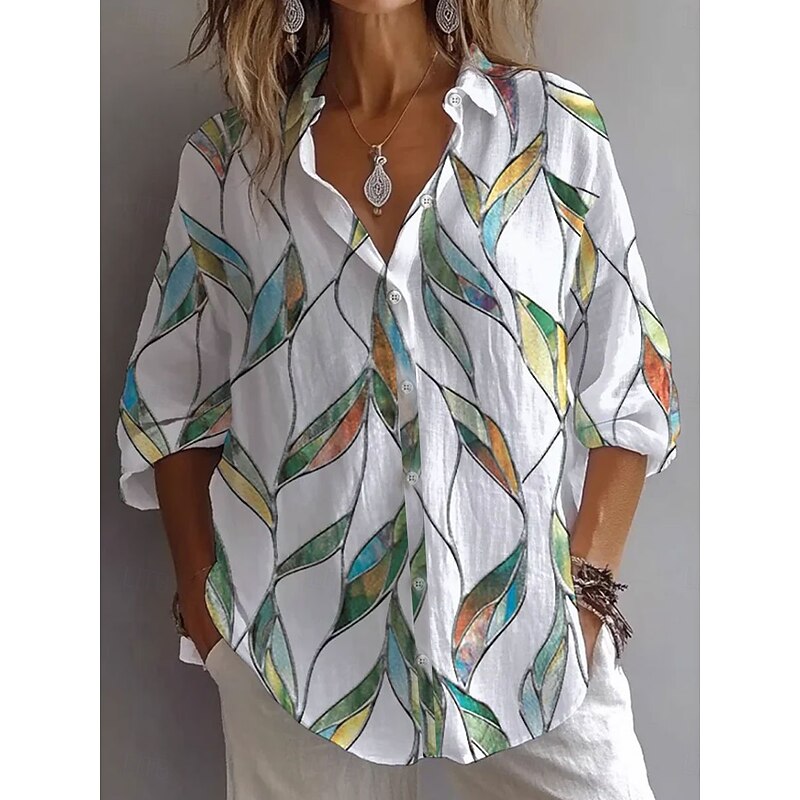 Women's Shirt Button Down Tunic Shirt Collar Long Sleeve Graphic Leaf Daily Stylish Casual Regular Tops Daily Holiday s Print Green Spring