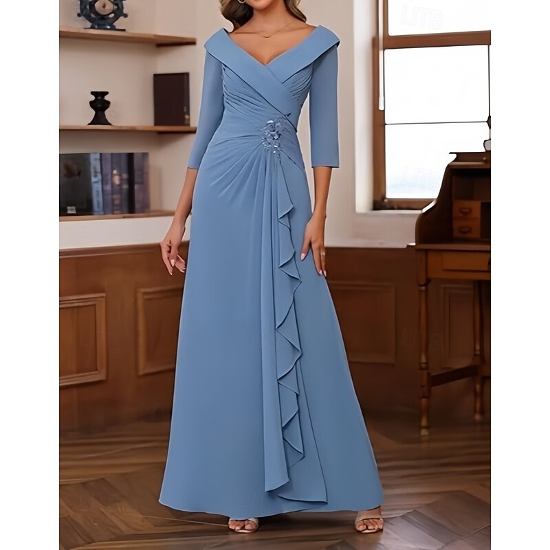 A-Line Wedding Guest Dresses Elegant Dress Wedding Guest Engagement Floor Length 3/4 Length Sleeve V Neck Chiffon with Pleats Ruched Beading4