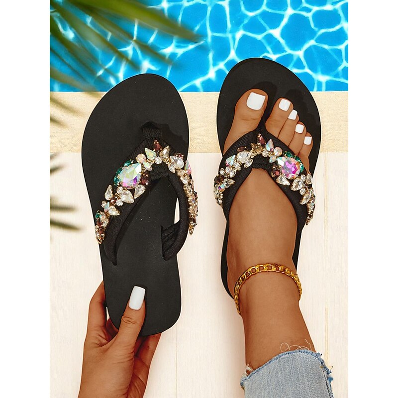 Women's Black Rhinestone Flip Flop Sandals with Colorful Crystal Embellishments – Glam Beach Slides for Pool Parties, Vacations, and Summer Outfits