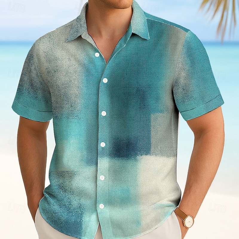 Men's Color Block Gradient Shirt Summer Shirt Button Up Shirt Short Sleeve Fashion Casual Outdoor Vacation Dailywear Summer Spring Turndown 3D Print Collared Shirts Blue Orange Green