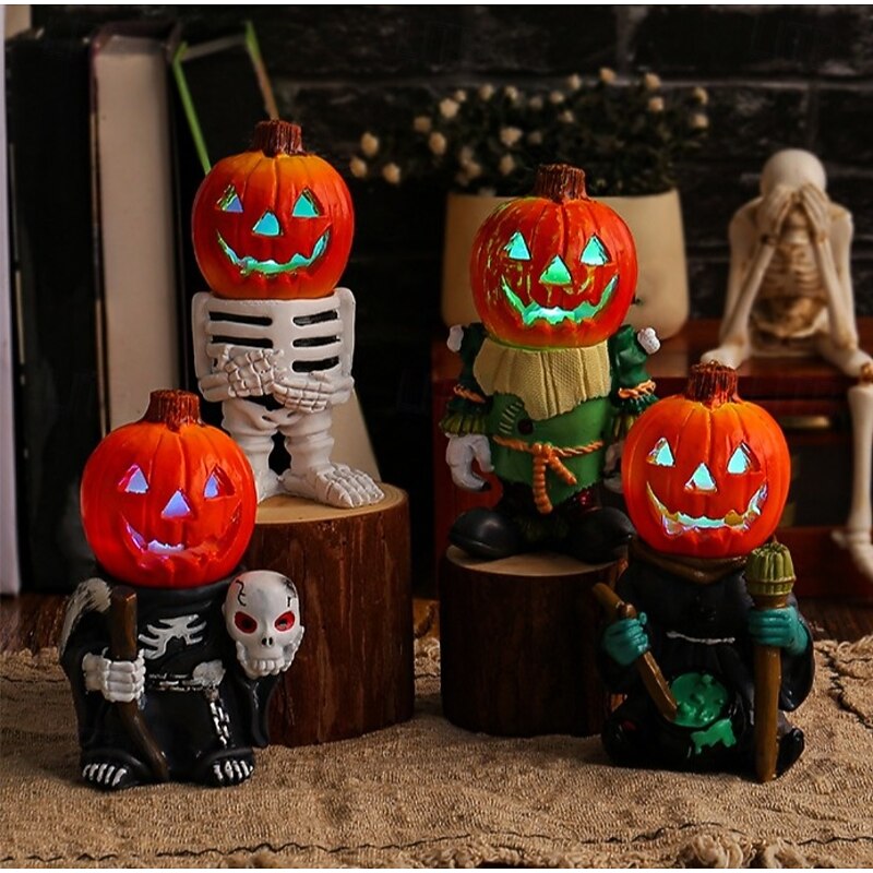 Halloween LED Light Pumpkin Knight Resin Figurine, Glowing Pumpkin Head Ghost Tabletop Decoration, Spooky Yard Decor