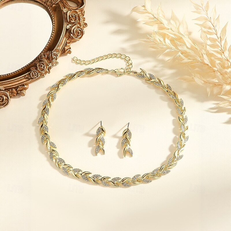 Jewelry Set Two-piece Suit Zircon Rhinestone 1 Necklace Earrings Women's Elegant Vintage Fashion Cute Fancy Leaf Blessed irregular Jewelry Set For Wedding Party Birthday2