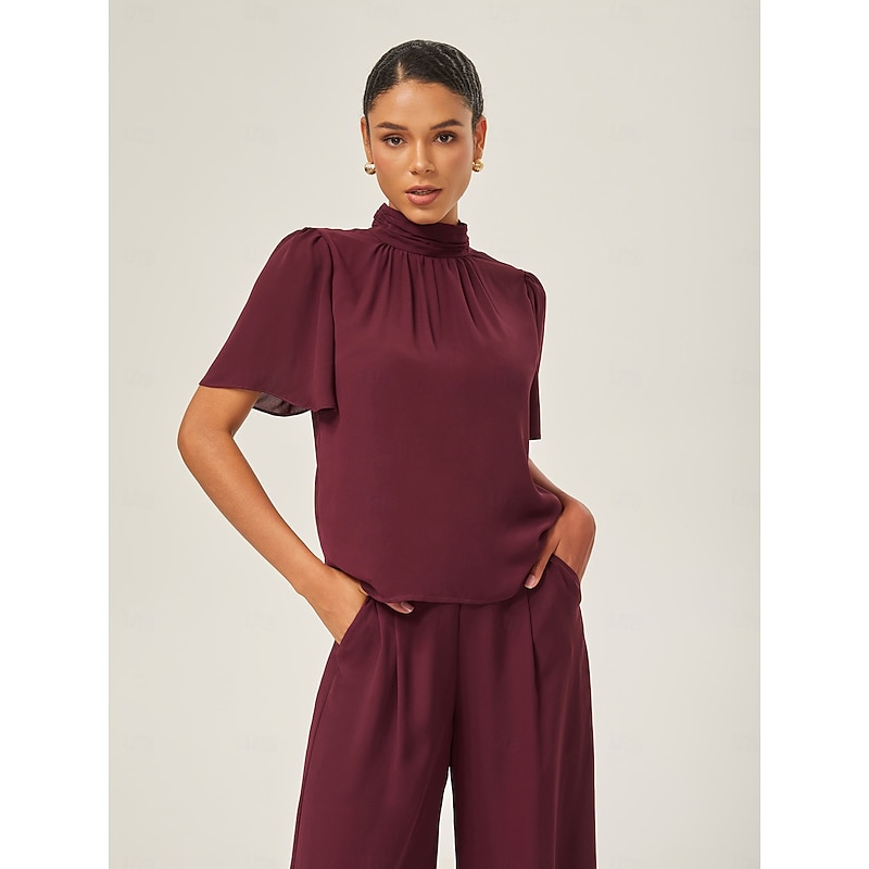 Chiffon Shirred High-Neck Blouse