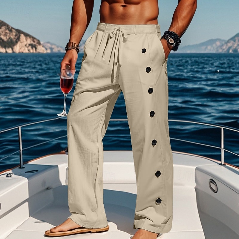 Men's Linen Pants Trousers Summer Pants Baggy Pants Beach Pants Drawstring Side Button Straight Leg Plain Comfort Breathable Full Length Casual Daily Holiday Vacation Fashion Black White2
