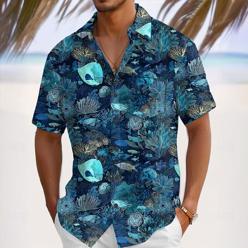 Men's Sea Creatures Coral Summer Hawaiian Shirt Button Up Shirt Aloha Shirt Short Sleeve Shirt Turndown Hawaiian Vacation Holiday Beach Wear Green Dark Blue S M L2