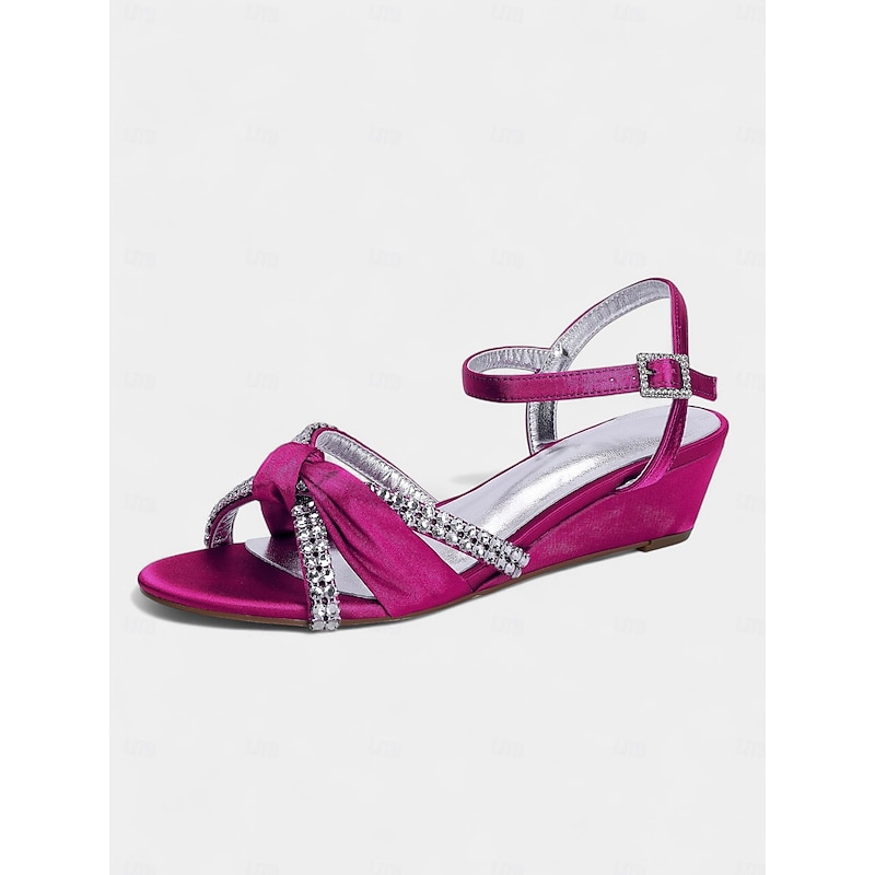 Women's Green Satin Wedge Sandals - Rhinestone Knot Dress Shoes with Ankle Strap for Elegant Banquets and Cocktail Parties