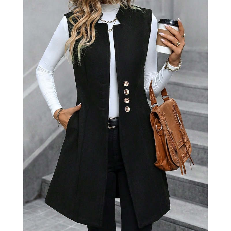 Women's Vest Warm Comfortable Buttons Fashion Plain Holiday Weekend Single Breasted Long V Neck Regular Fit Sleeveless Outerwear Black Red Apricot Fall Winter2