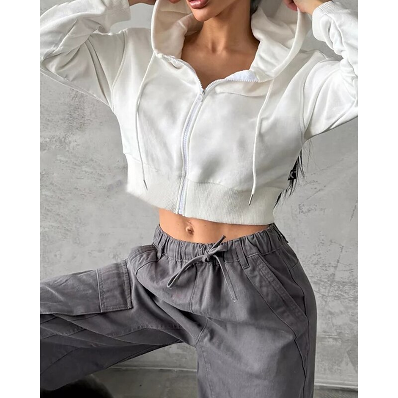 Women's Hoodie Track Top Drawstring Zipper Long Sleeve Jacket Athleisure Fall Solid Colored Thermal Warm Windproof Tennis Golf Running Sportswear Activewear Black White Army Green