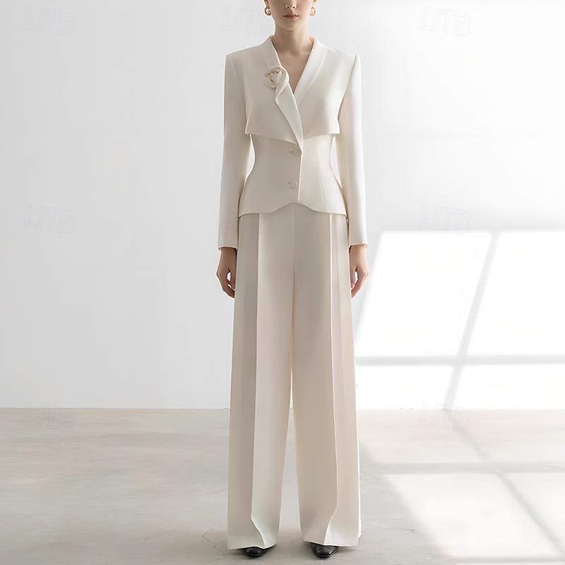 Women's 2 Pieces Suits Formal Wedding Guest Stretch Fabric Elegant Luxurious Minimalist Long Sleeve Floor Length Shawl Lapel Single Breasted