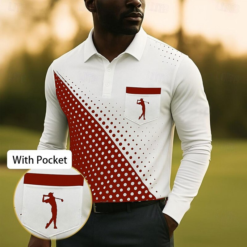 Men's Geometric Golf Sports Polo Shirts Long Sleeve Polo Shirts Collared Shirts Business Casual Business Athleisure Daily Wear Pocket 3D Print Buttons Spring Fall Winter White Red Blue4