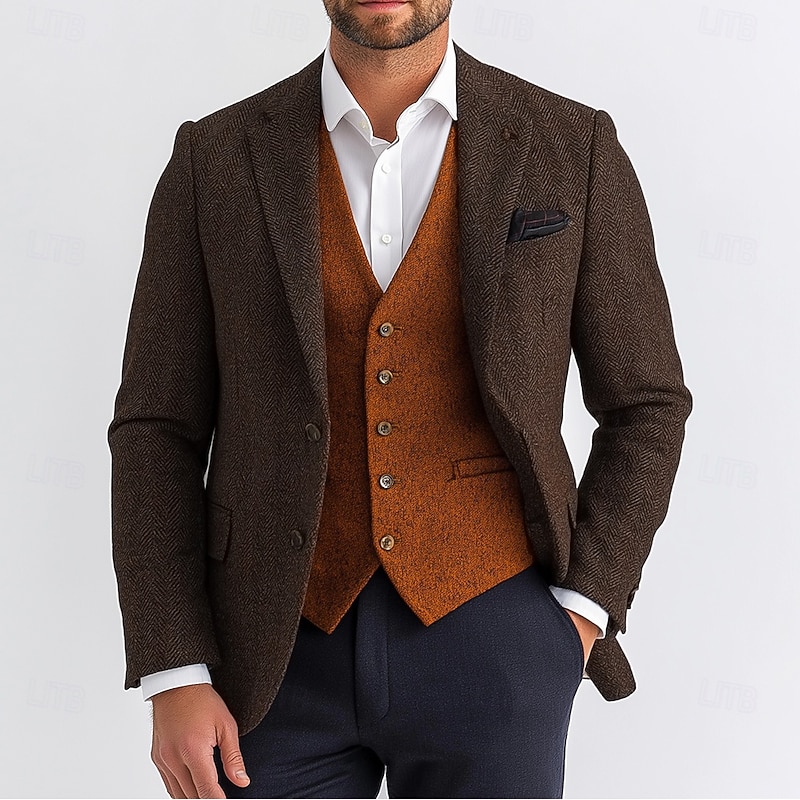 Men's Tweed Blazer Wool Herringbone Blazer Brown Green Grey  Retro Office Standard Fit Single Breasted Two-buttons2
